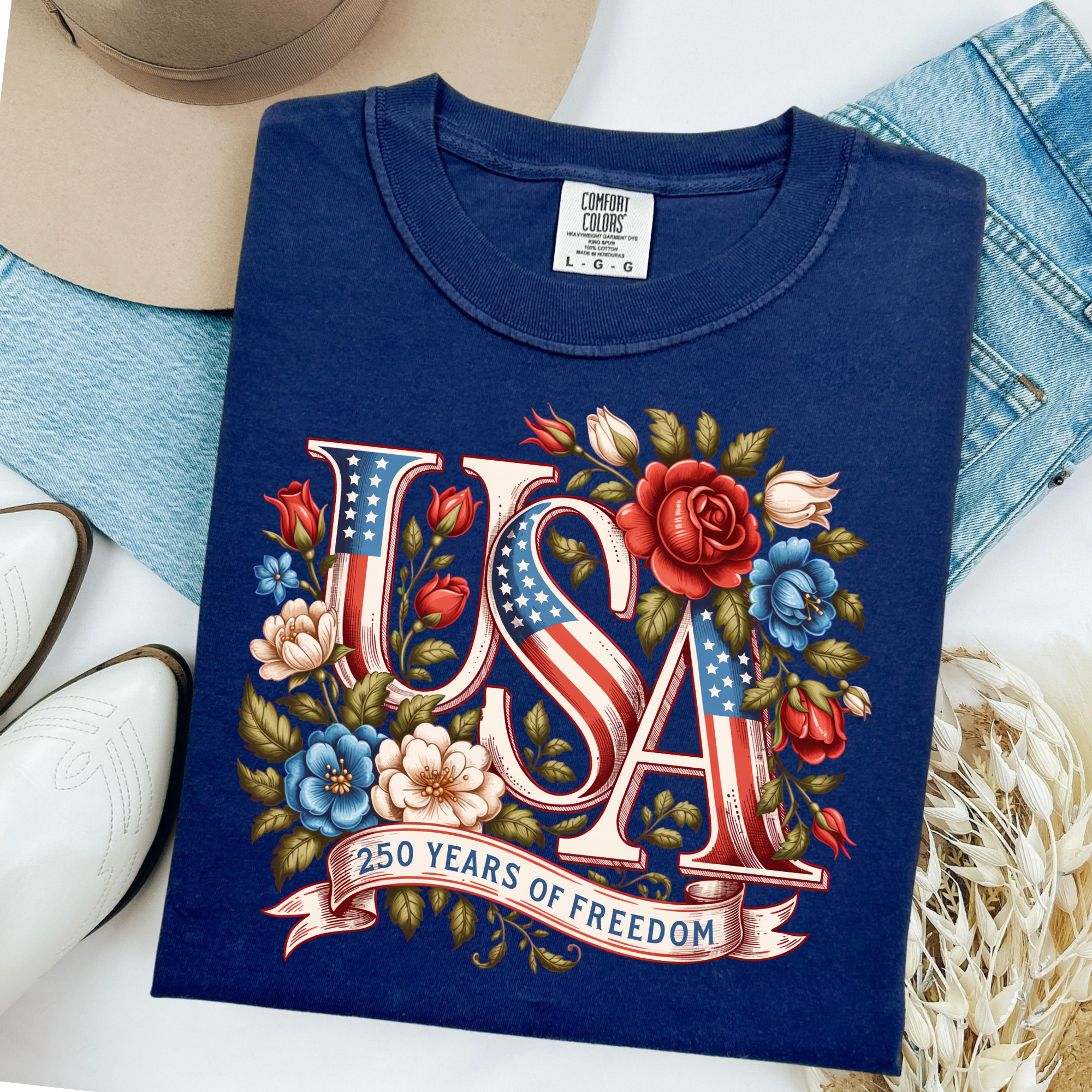 USA Floral 250 years of Freedom Tshirt - Long Sleeve - Crewneck - Hoodie