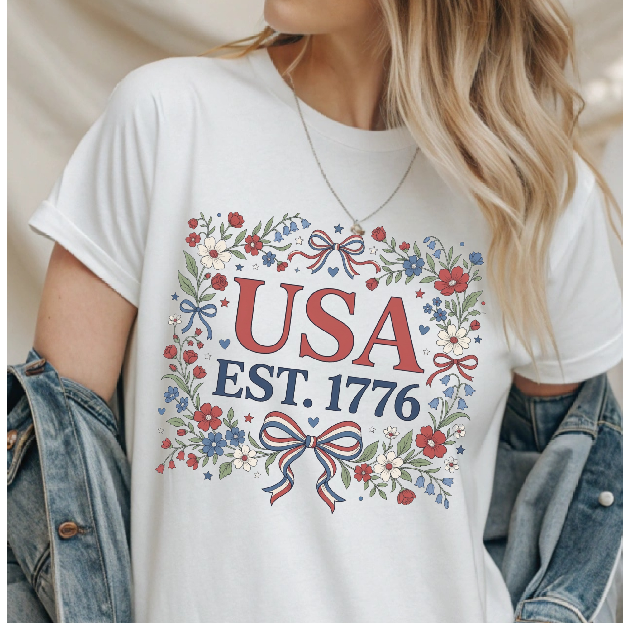 USA 1776 Croquette Bow and Floral Tshirt - Long Sleeve - Crewneck - Hoodie