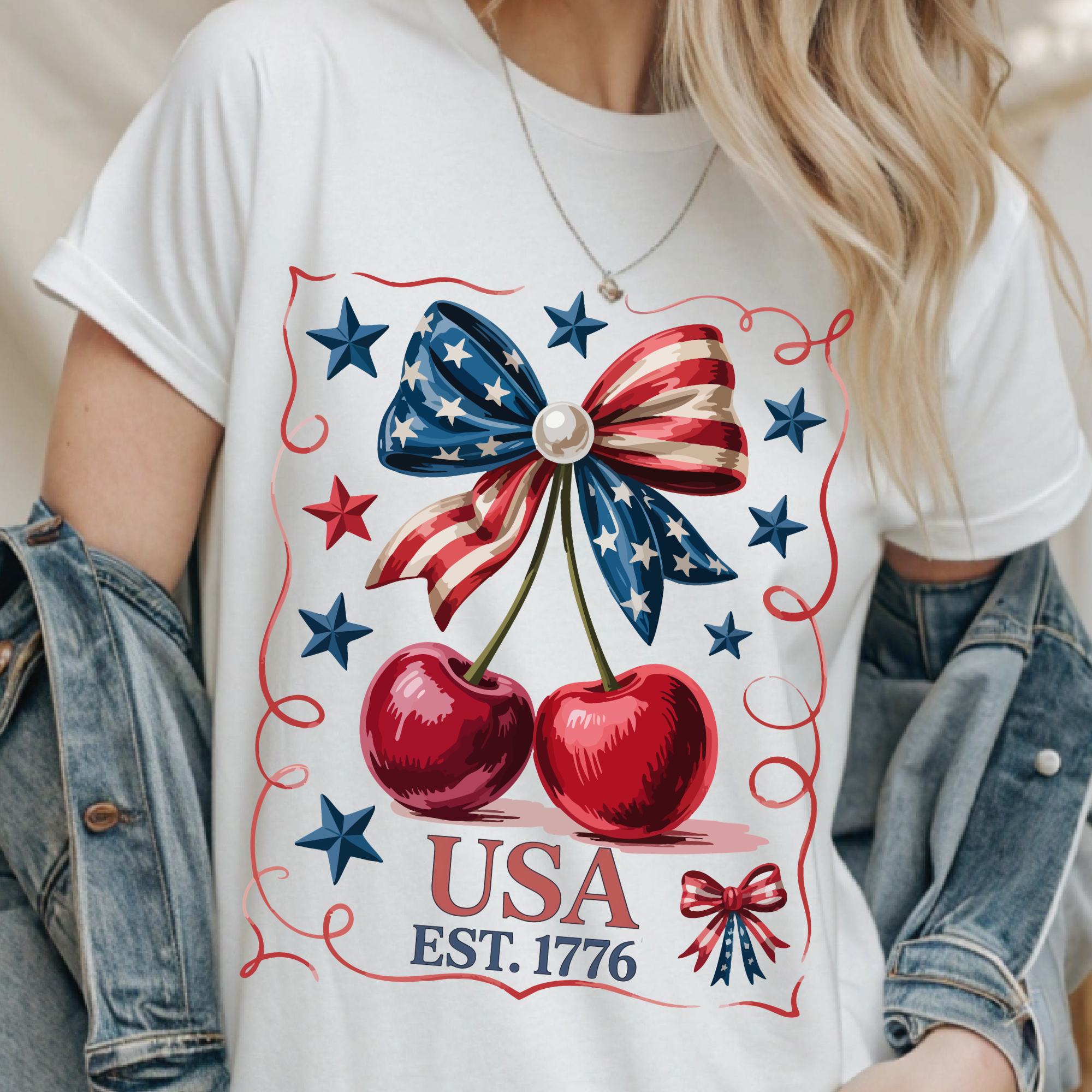 USA 1776 Croquette Bow & Cherries Tshirt - Long Sleeve - Crewneck - Hoodie