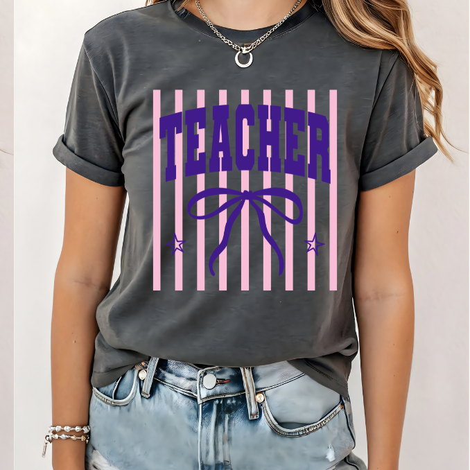 Croquette bow striped Teacher shirt | 100% Cotton Tshirt | teacher Shirt | Stylish Trendy School Apparel nn